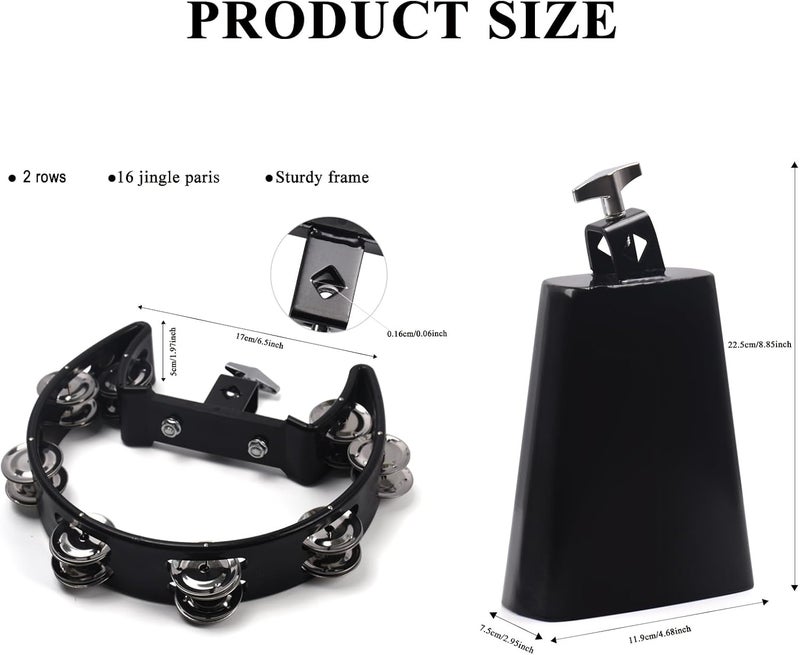 Seteol 7 Inch Cowbell & Mountable Tambourine Kit, Cowbell for Drum Set, Hand Held Mountable Tamborines for Musical Instrument Adult, Cowbell Percussion Accessory, Add-On for Drum Sets - Image 2